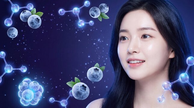 Smiling Korean Beauty Woman with Floating Blueberries, Green Leaves and Glowing Blue Anthocyanin Molecular Models on Deep Navy Starfield Background