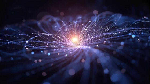 Glowing particle network core emitting radiant light strands with ethereal glowing depth