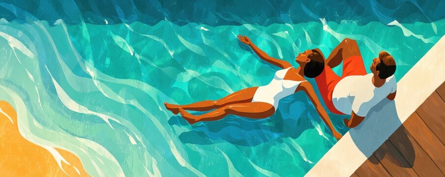 Couple relaxing by the pool on a sunny day in a colorful top-down illustration