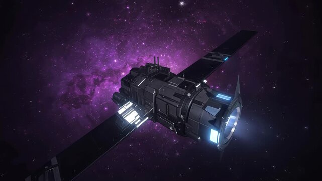 Futuristic satellite with glowing engine drifting through purple nebula, spacecraft propulsion