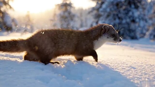 A beautiful weasel in snow, captured in a winter wonderland with a stunning display of sunlight and a peaceful
