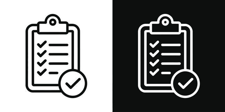 Checklist Clipboard icon, task approval badge with verification checkmark, project tracking, workflow completion, quality assurance concept, solid and outline vector design on black and transparent ba