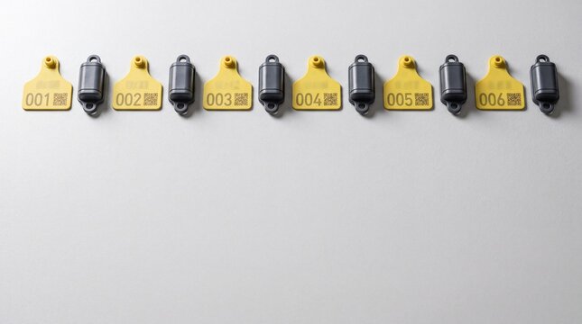 A series of brightly colored tags with numbers 001 to 006 are neatly arranged in a line. Each tag is paired with a small black component, illuminating a tidy and efficient workspace.