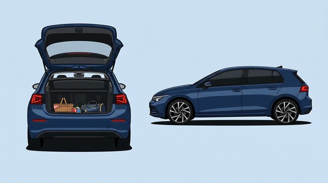 Blue compact hatchback car shown in side and rear views with open trunk.