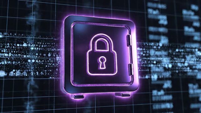 Purple neon lock glowing within digital frame, grid background with streaming code, abstract visualization of encryption, online security, and futuristic data protection in cyberspace.