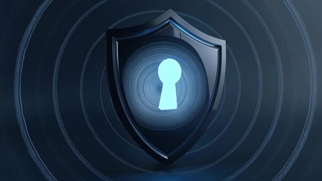 Secure shield with glowing keyhole swirling blue tunnel conveying digital protection
