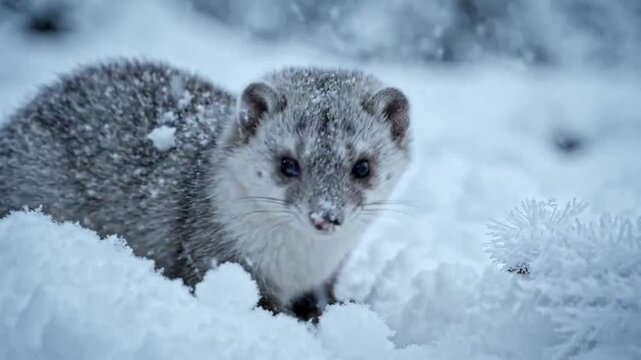 A curious weasel in snow, exploring a winter wonderland with fluffy white flakes and a cold, serene atmosphere