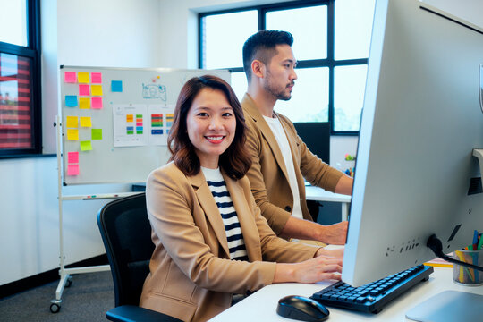 Portrait of Asian businesswoman working at desktop computer with male colleague in office, supporting teamwork and productivity. Useful for corporate communication and hiring campaigns