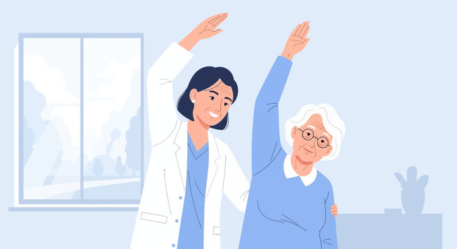 Nurse assisting elderly woman with arm exercise, physical therapy, healthcare