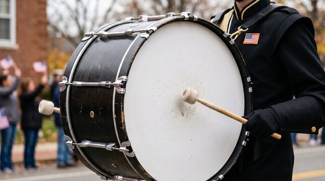 Close-up of drummer holding bass drum during outdoor parade  
