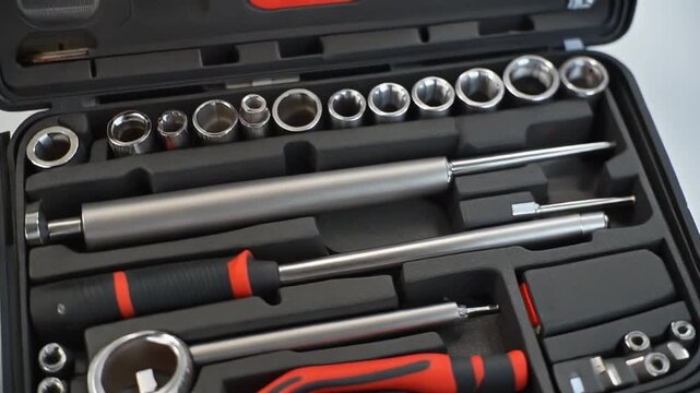 Close-up panning shot of a professional mechanic's tool kit with socket wrenches and screwdrivers neatly organized, symbolizing repair, maintenance, and DIY projects.