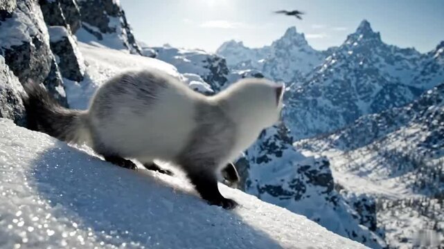 A curious weasel in snow explores a snowy mountain slope with a majestic mountain range in the background