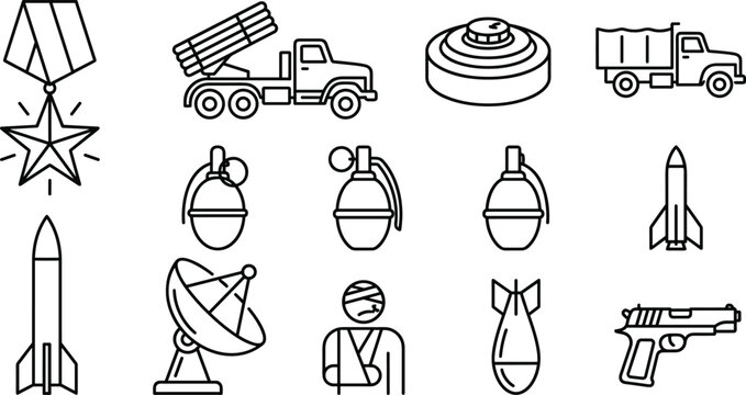 Combat weaponry and communication line icons with rockets grenades mines satellite dishes and field medic.