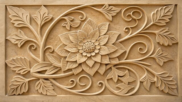 Intricate floral relief carving on a sandstone panel