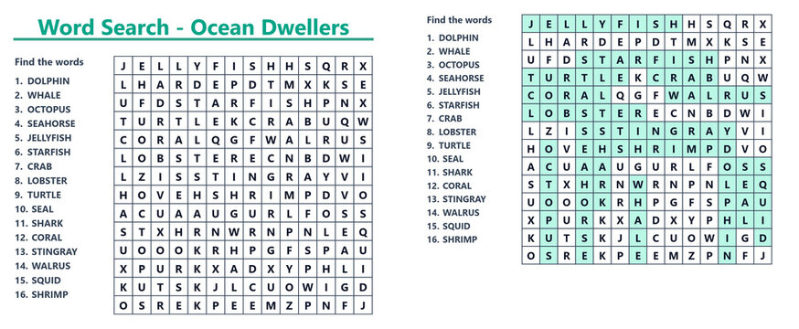 Ocean Dwellers word search puzzle with highlighted answers