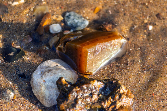 Sun-kissed chalcedony and quartz river pebbles glisten in shallow sandy water. Nature's subtle beauty in radiant detail