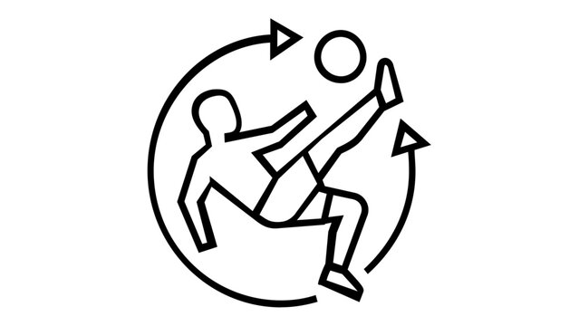 Soccer player performing a bicycle kick vector icon. Line art illustration of an athlete doing an overhead kick with a ball and rotation arrows for sports and football design projects.