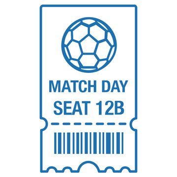 Blue soccer match ticket stub vector illustration with ball icon. Features an editable stroke, adjustable stroke, customizable stroke weight, line weight, and thin line for a modern look.