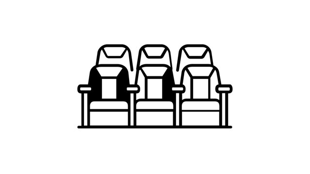 Stadium seats line icon vector illustration featuring a row of spectator chairs for sports arenas, soccer stadiums, movie theaters, or concert halls. Minimalist black and white seating graphic.