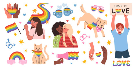 Fototapeta premium Cute LGBT pride clipart set with rainbow flags, diverse couples, supportive symbols, pets and equality elements.