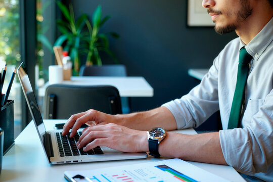 Young adult Caucasian businessman typing on laptop at desk, analyzing reports and managing office workflow. Ideal for business productivity, finance, remote work marketing, close up