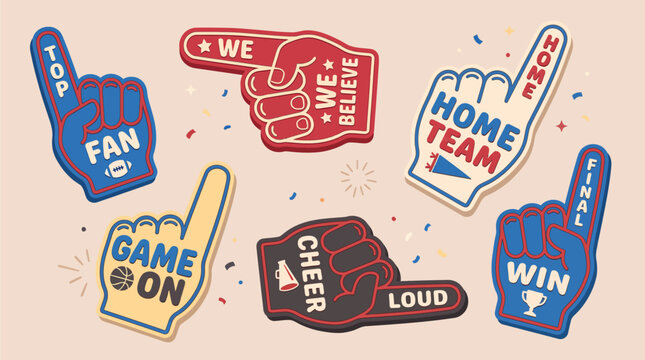 A collection of colorful foam fingers with various sports-related messages and designs, celebrating fandom and team spirit.