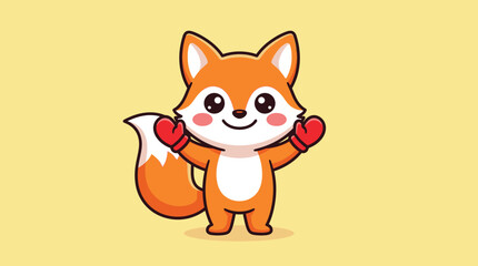 Obraz premium Cute cartoon fox wearing red mittens waving hello.