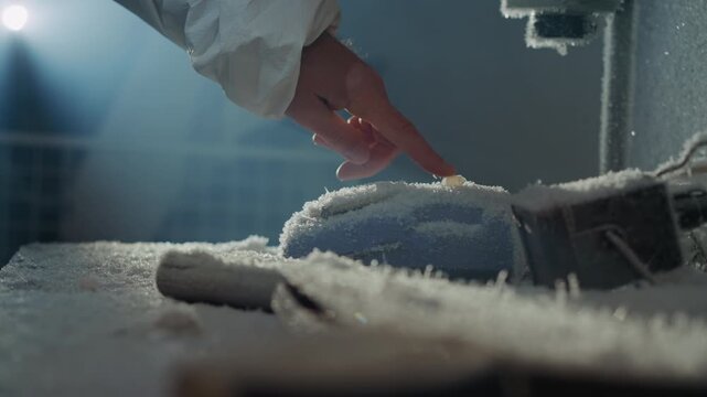Finger pressing icy button on frozen device, low cold light, sterile sleeve hovering, delicate contact triggers frosty particles, suspenseful lab moment implying critical sample activation