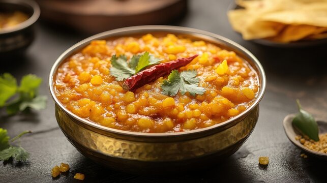 A traditional Indian curry garnished with red chili and cilantro.