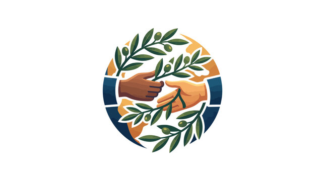 Flat design illustration of two hands holding an olive branch in a circular composition with green leaves and blue accents on a white background.