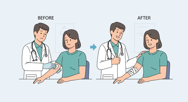 Doctor Bandaging Injured Arm: Before and After Medical Care