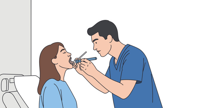 Doctor examining patient's throat with otoscope in medical clinic