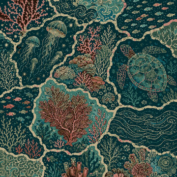 Sekar Jagad Underwater Batik Pattern with Coral Reef, Jellyfish, Sea Turtle and Ocean Motifs, Indonesian Aquatic Textile Design in Teal, Coral and Sand Tones for Fabric, Wallpaper and Decor Art