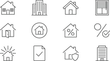 Fototapeta premium Minimalist Real Estate Property And Home Loan Outline Icon Set For Mortgage Insurance Business Corporate Web UI Design