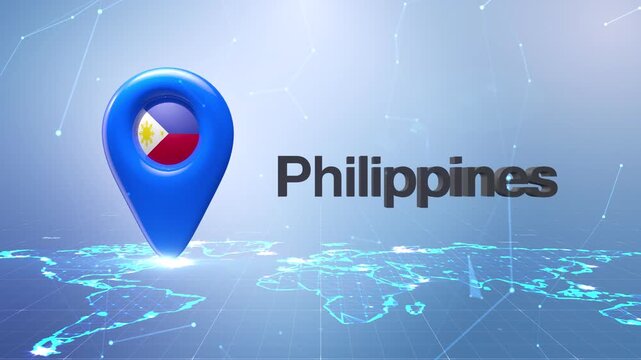 Philippines Flag Inside Location Pin On Digital World Map Animation