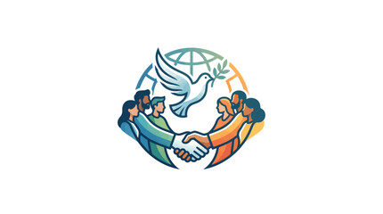Fototapeta premium Illustration of two diverse people shaking hands with a dove and globe behind them in a circular composition with a colorful design.