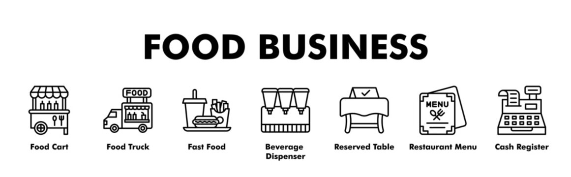 FOOD BUSINESS web banner icon vector illustration concept for business with icon of ood Cart, Food Truck, Fast Food, Beverage Dispenser, Reserved Table, Restaurant Menu, Cash Register