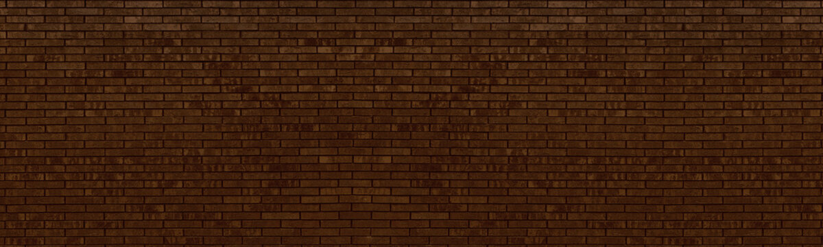 Brick wall wide panoramic texture. Bronze brown dark masonry widescreen panorama. Brickwork large long abstract grunge background