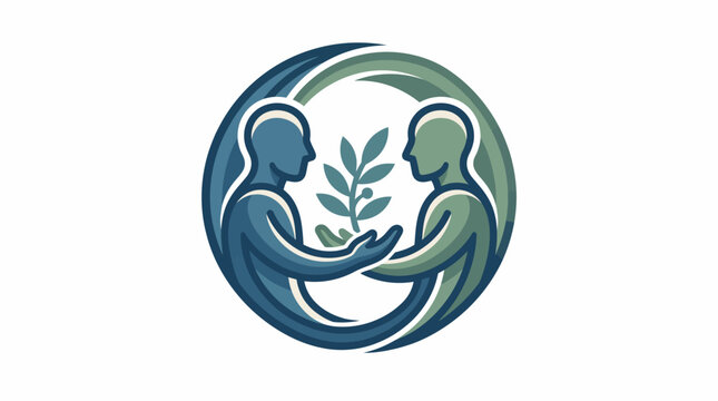 Logo of two human silhouettes holding a plant in a circular design with blue and green swirls on a white background.