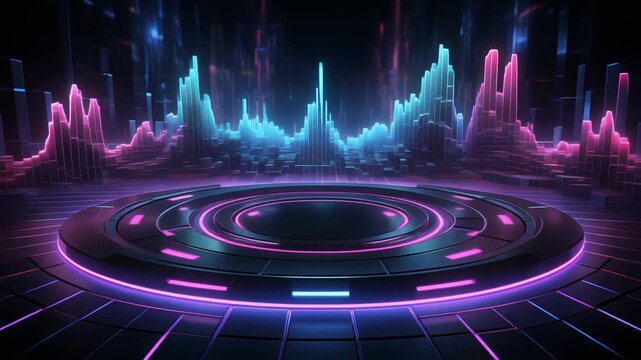 Futuristic neon digital interface with glowing concentric rings, immersive virtual platform, advanced technology, sci-fi visualization, and radiant cyber aesthetics