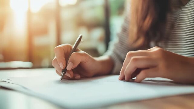 Close up of woman's hands writing on financial document or contract agreement using pen, signing mortgage or insurance form at home office, investment or finance, taking notes