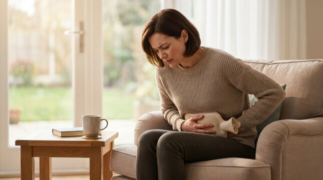 Bladder infection discomfort: woman experience cystitis, pelvic area inflammation, abdominal pain symptom, urinary tract ache, seek medical relief, female health problem, manage home discomfort.
