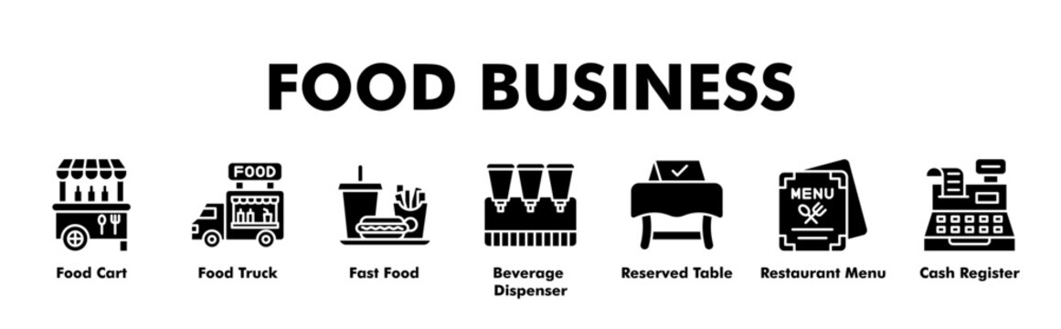 FOOD BUSINESS web banner icon vector illustration concept for business with icon of ood Cart, Food Truck, Fast Food, Beverage Dispenser, Reserved Table, Restaurant Menu, Cash Register
