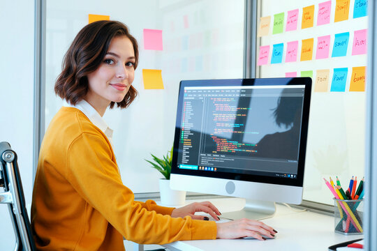 Portrait of Caucasian young adult woman coding at desktop computer in office, developing software with agile workflow. Ideal for tech recruitment, startup, programming training
