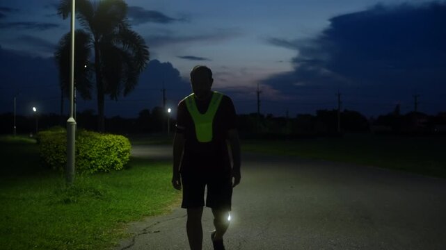 Front view of a middle-aged Asian man walking home after nighttime jogging with LED safety lights