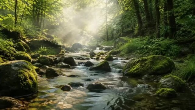 Serene Forest Stream with Moss Covered Rocks