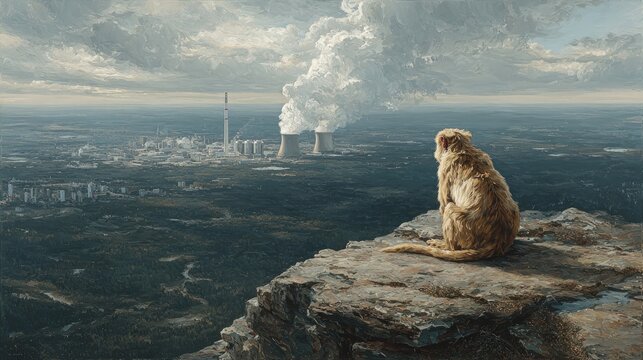 Macaque monkey perched on a high cliff edge observing a vast city landscape with active industrial cooling towers.