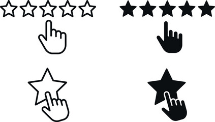 Fototapeta premium Black silhouette icons of hand cursors selecting stars in rating system for feedback, reviews, and user interface design