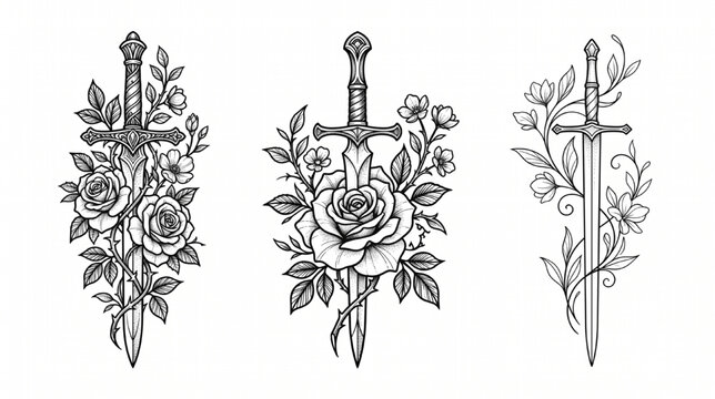 Sword and Flower Tattoo Flash Sheet Vector Set &ndash; Black Ink Floral Blade Stencil Designs Isolated on White Background
