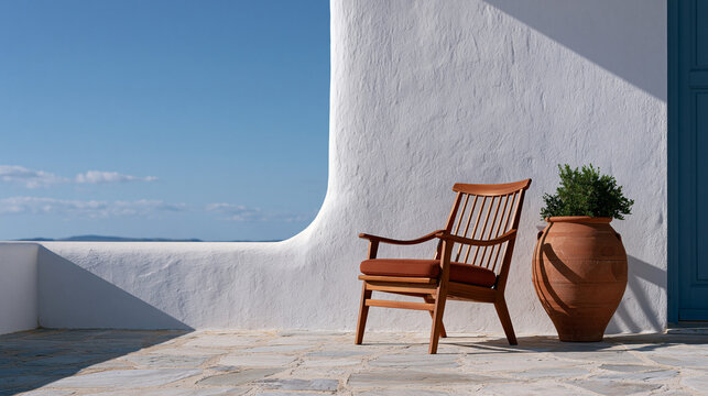 Harsh midday sun casts hard geometric shadows across a whitewashed Mediterranean rooftop terrace where a single wooden chair sits empty beside a terracotta pot, the stark contrast and minimal compos